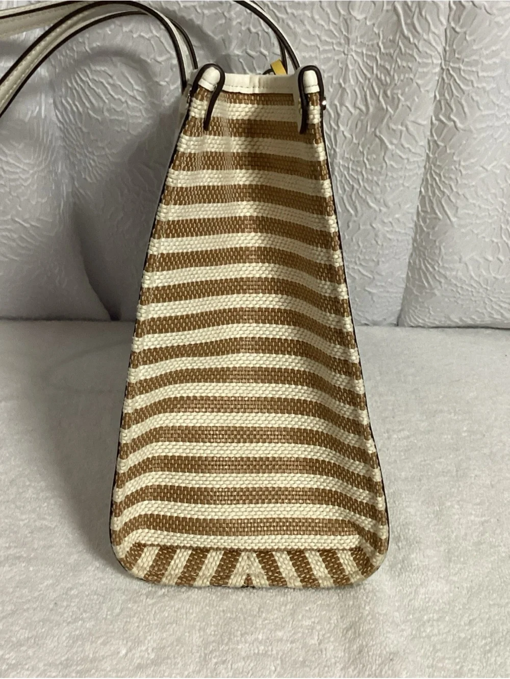 Kate Spade Market Stripe Medium Parchment Color Woven Canvas Tote Bag w/ Charm